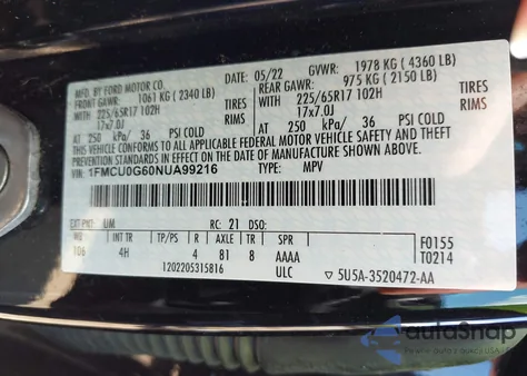 2022 Ford Escape Se z USA, uszkodzony, nr VIN 1FMCU0G60NUA99216